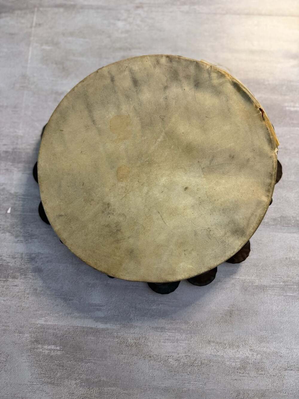 Vintage 10-Inch Wood Rim Calfskin Tambourine - Picture 1 of 5